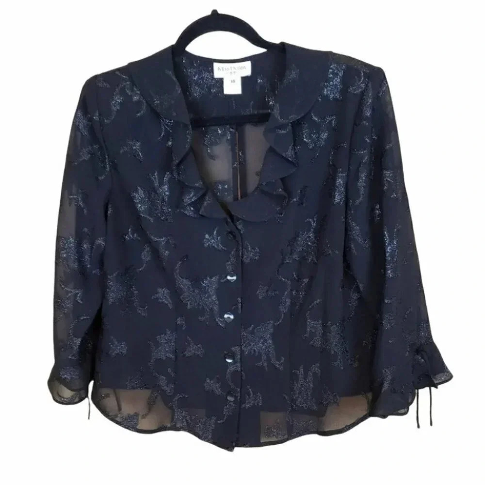 Miss Dorby Blouse 14 Black Sheer Ruffle Glitter Button Front 3/4 Sleeve Dressy